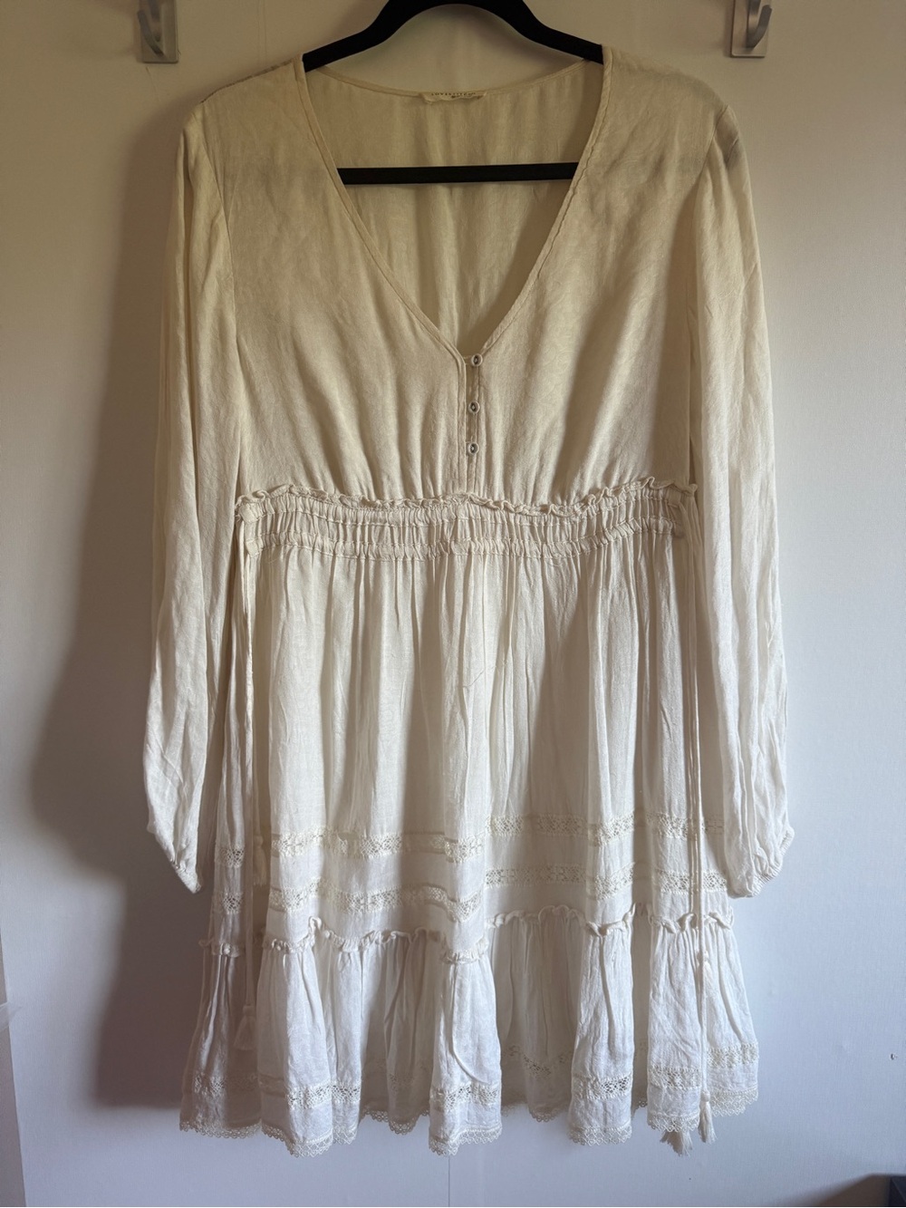 Lovestitch Ivory Boho Mini Dress Medium Tassel Lace Long Sleeve Festival